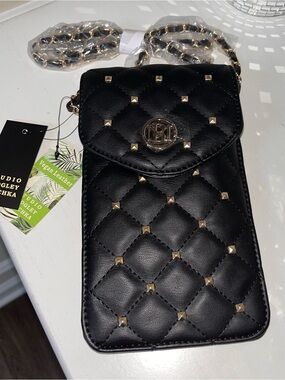 Badgley Mischka Black Quilted Crossbody Phone Bag with Gold Studs